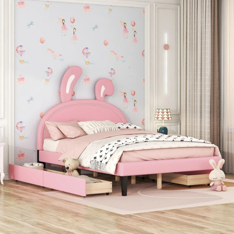 

Upholstered Platform Bed with Rabbit Ornament and 4 Drawers Pink Bed with Storage Modern Bedroom Loft Beds Bedroom Furniture