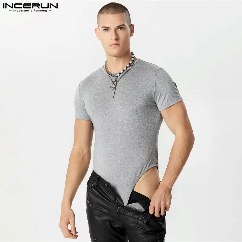 INCERUN Men Rompers Short Sleeved Solid Comfortable Bodysuits Stylish O-neck Design Triangle Jumpsuits S-5XL men bodysuits men jumpsuits
