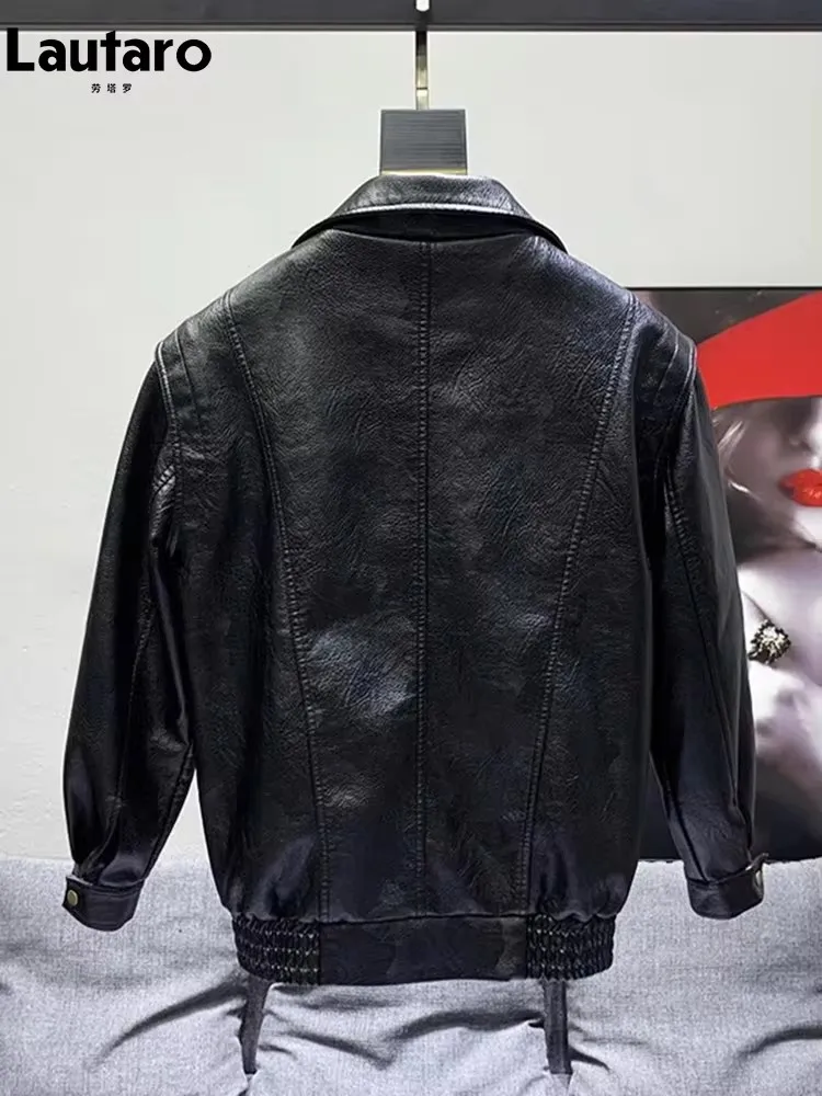 Lautaro Autumn Winter Cool Oversized Black Thickened Warm Pu Leather Jacket Men Stand Collar Zip Up Luxury Designer Clothes 2023 2
