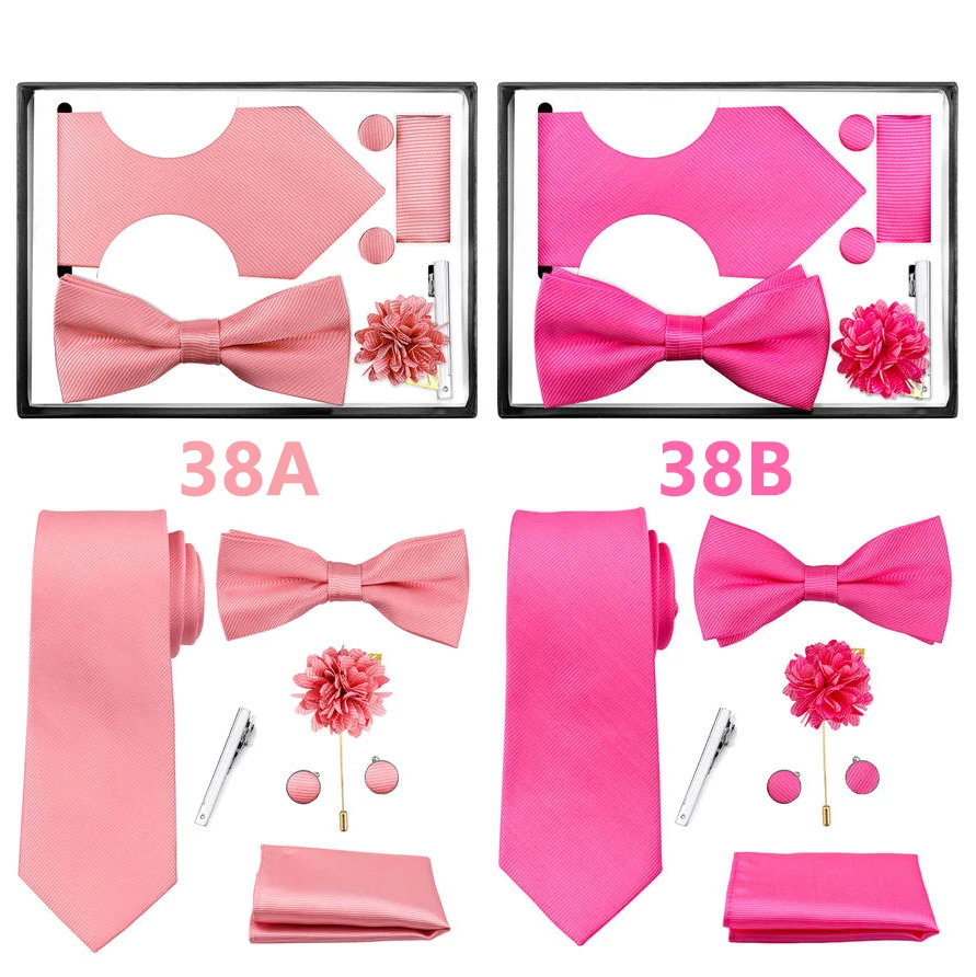 6-teiliges Krawattenset in schwarzer Geschenkbox, Großhandel, einfarbig, Herrenkrawatte, Fliege, Einstecktuch, Manschettenknöpfe, Krawattenklammer, Anzug-Accessoires – Detail 11