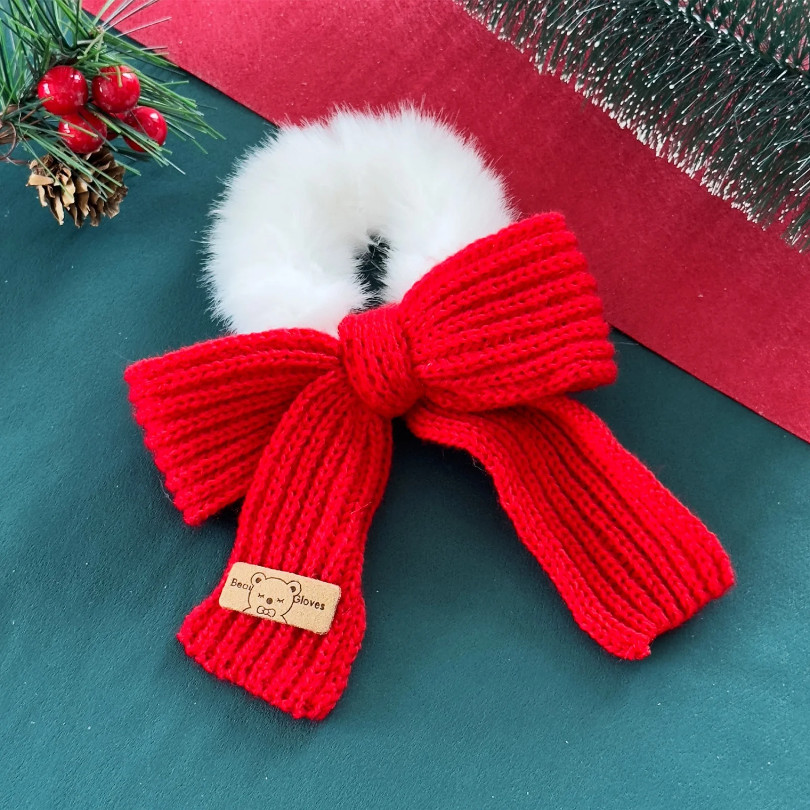 1/2PCS Christmas Knitted Bow Hair Scrunchies, Fuzzy Fur Elastic Hair Ties, Red Green Festive Hair Accessories For Women