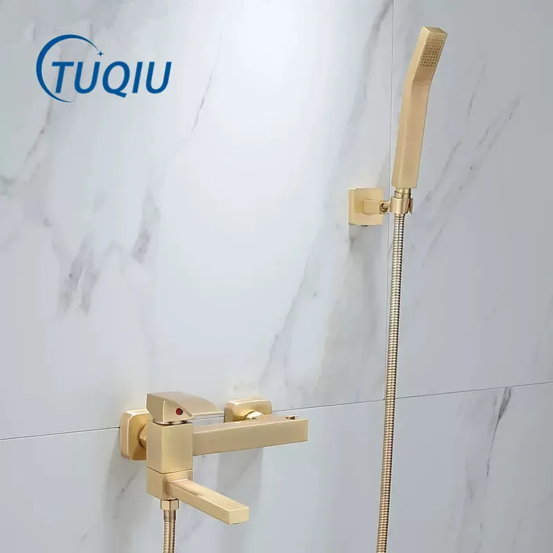 

Tuqiu Brushed Gold Bathtub Shower Set Wall Mounted Gold Bathtub Faucet, Bathroom Cold and Hot Bath and Shower Mixer Taps Brass