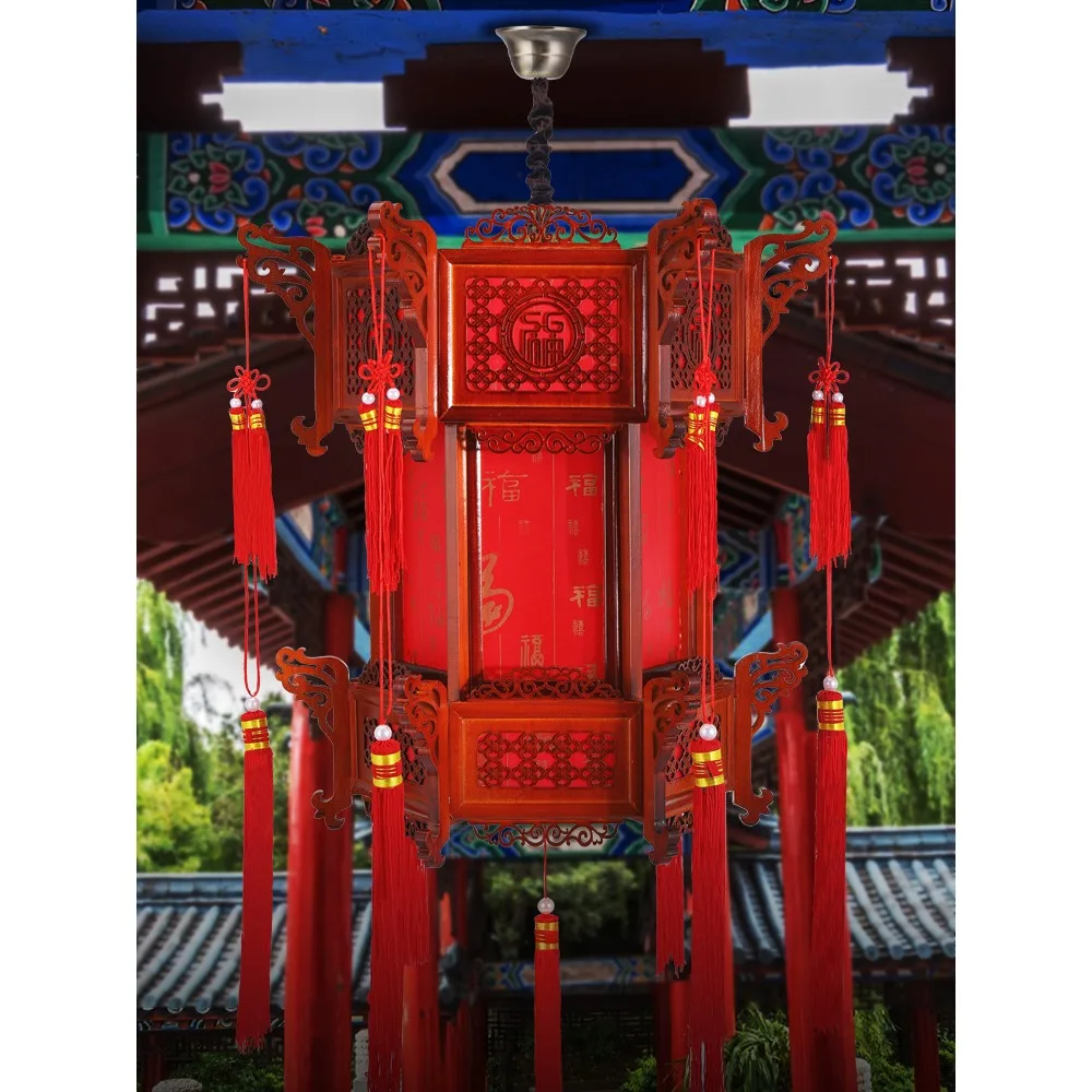 

PK7J wholesale Chinese solid wood palace lantern antique hexagonal red balcony chandelier housewarming wedding classical outdoor