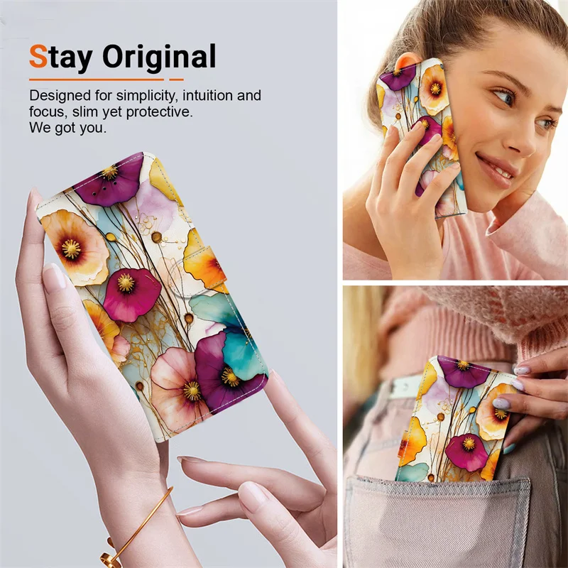 Retro Flower Wallet Stand Back Cover Case with Strap