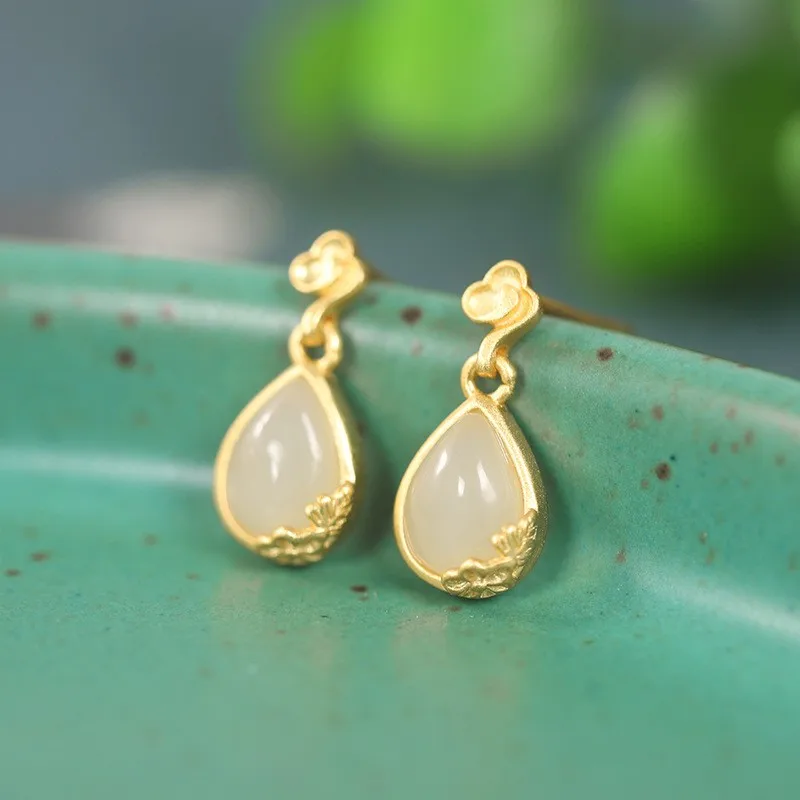 

ES091 ZFSILVER S925 Silver Korean Fashion Luxury Hetian Jade Amazonite Waterdrop Earring Jewelry For Women Match-all Girls Gift