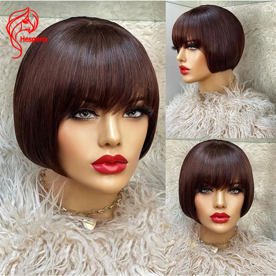 

Hesperis Brown Colored Pixie Cut Human Hair Wig With Bangs Remy Brazilian Hair Full Machine Made Short Bob Human Hair Wigs