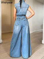 Vintage Loose Denim Wide Leg Pants Jumpsuit Women Pocket Sleeveless Single Breasted Baggy Jean One Piece Rompers Street Overalls - Image 3