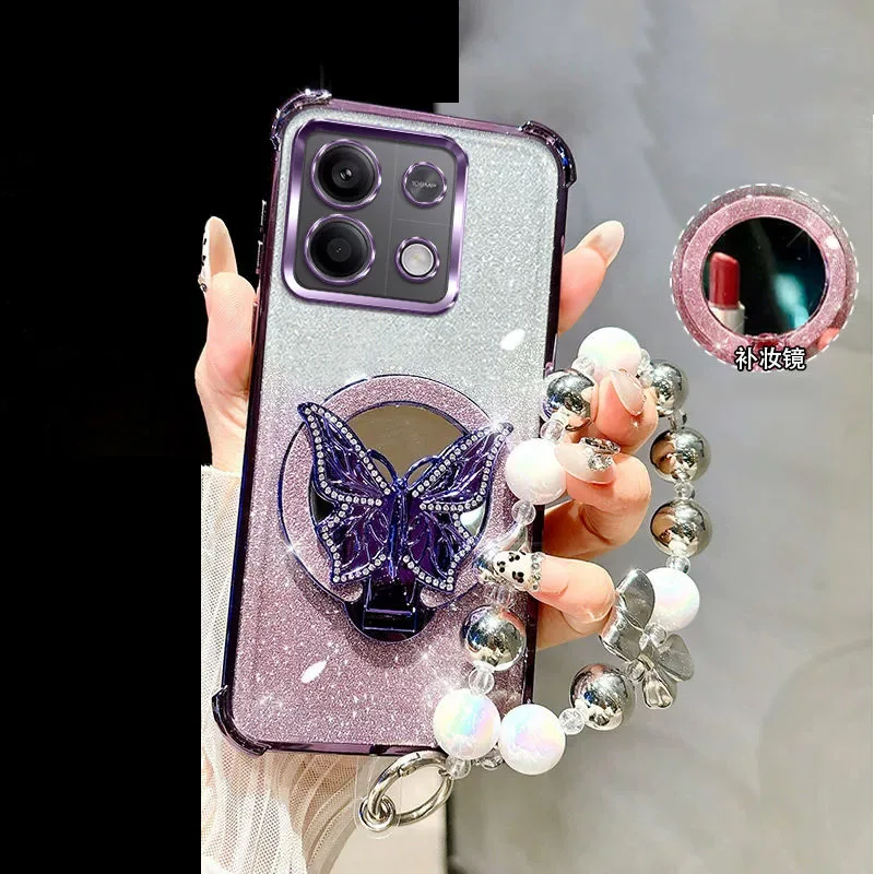 Elegant Mirror Shockproof Magnetic Phone Case with Butterfly Holder and Bracelet Cover