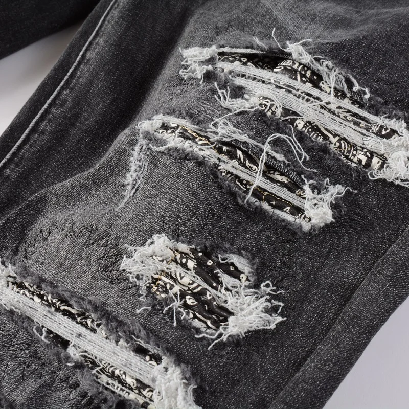 Men's Cracked Bandana Patch Jeans Streetwear Paisley Printed Pleated Patchwork Biker Pants Skinny Tapered Stretch Denim Trousers 6