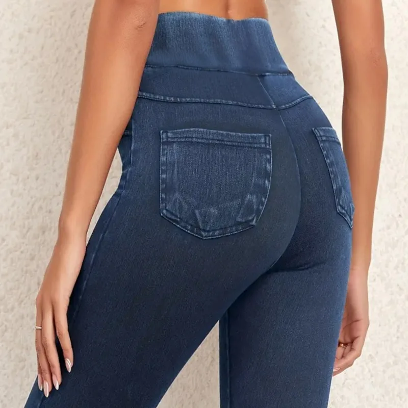Women's Faux Denim Yoga Leggings Fitness Stretch Leggings High Waisted Fashionable Skinny Tights Gym Workout Running Pants 3