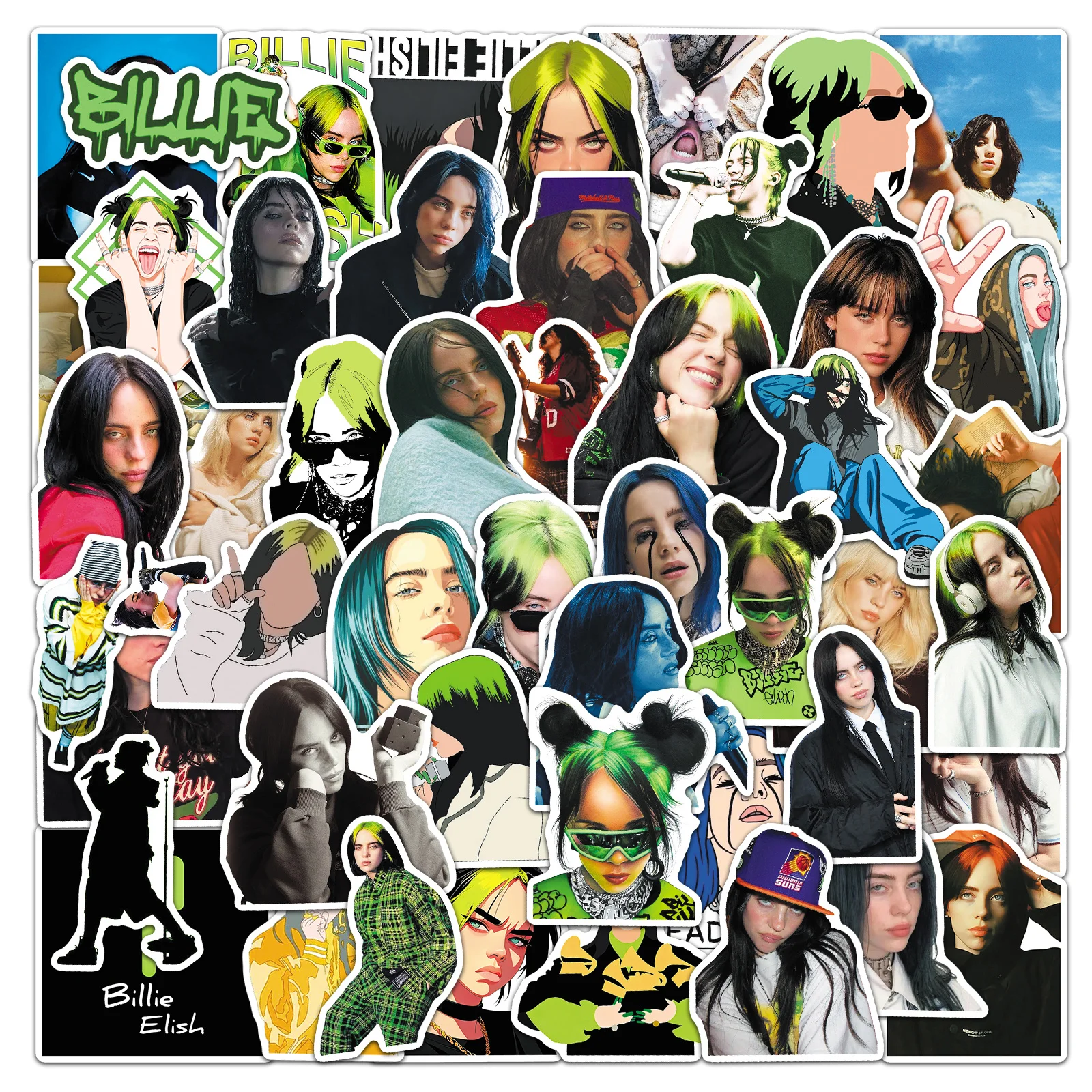 50 Stück Niedliche Cartoon Billie Eilish Wasserfeste Aufkleber Skateboarding Retro Heim-Dekor Sticker