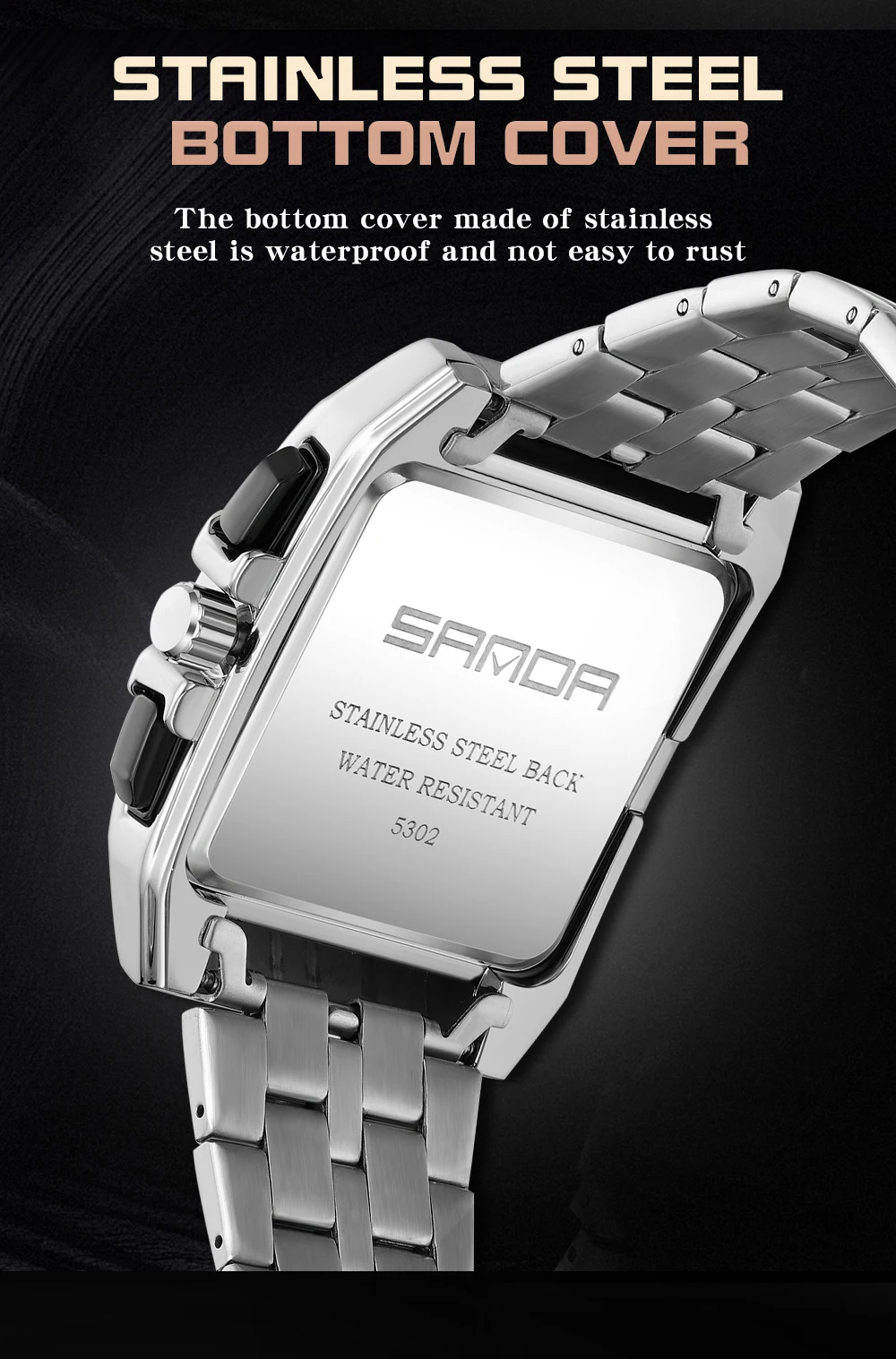 SANDA New Quartz Men's Watch with Three Eyes and Six Needles Fashion Trend Band Calendar Men's Steel Band Square Wristwatch 5302