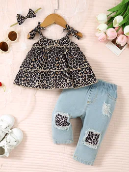 3Pcs Toddler Girl Set Leopard Bow Top+Blue jeans+Headband 0-3 year old girl summer fashion European and American style clothing 1