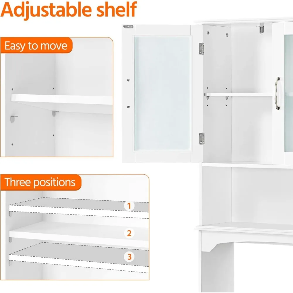 Over The Toilet Storage Cabinet with Double Tempered Glass Doors and Adjustable Shelf, Freestanding Bathroom Storage 6
