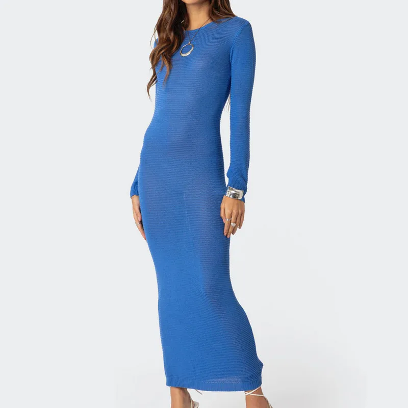 

Women See Through Long Dresses Solid Color Long Sleeve Open Back Knit Dress Sexy Club Streetwear