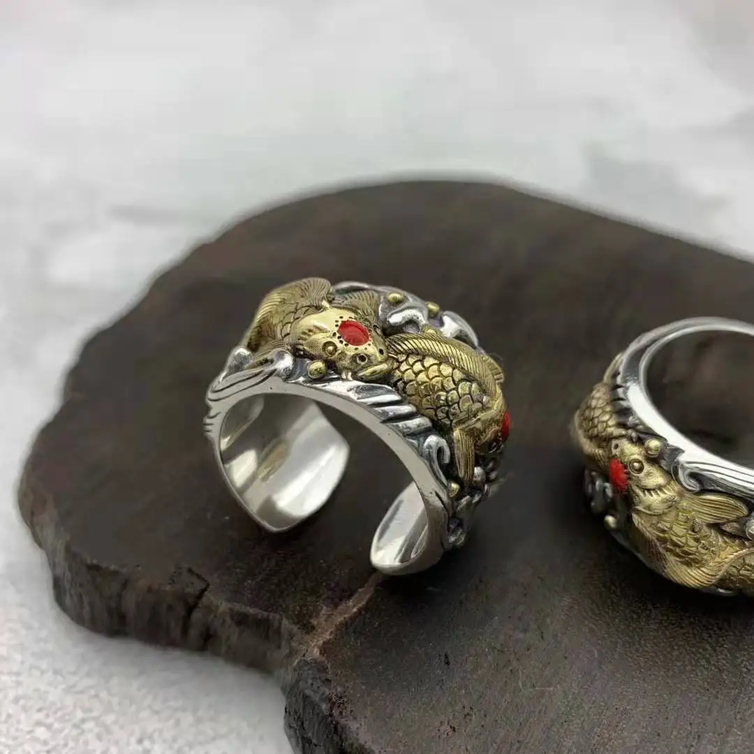 

Ethnic style, classical opening, pure silver, golden koi with wealth ring, wide face, auspicious and auspicious ring, index fing