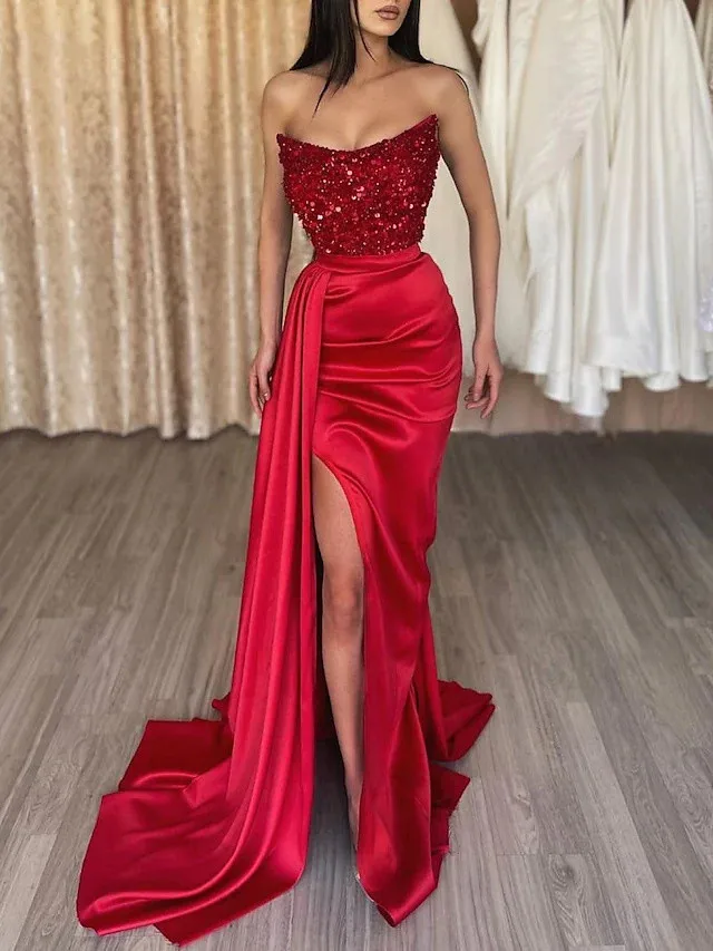 

Elgance Red Sequin Mermaid Sexy High Split Formal Evening Dress 2024 Satin Strapless Sleeveless Sweep Train Women Prom Dresses