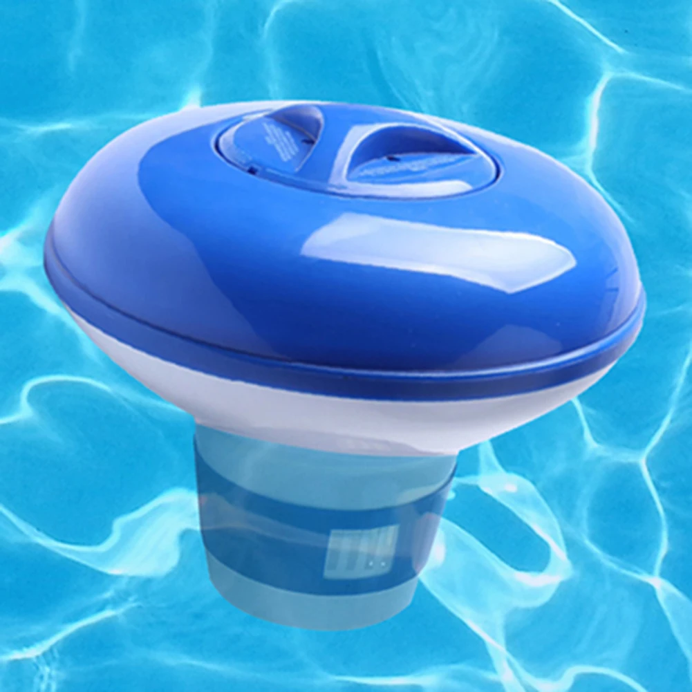 A pool float and chlorine tablets on the edge of a swimming pool. Tablets  with chlorine dispenser for swimming pools. Chlorine tablets with dosing  float, Pool float and chlorine tablets Photos