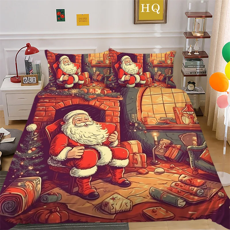 Merry Christmas Bedding Set Queen Double King Full Size Bedroom Decor Santa Claus Red Quilt Cover Pillowcase Kid Adult Bed Linen