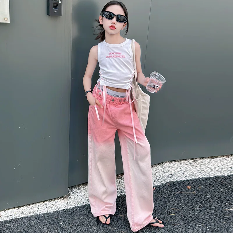 

Girls thin pants 2024 summer internet famous jeans children's Korean wide leg pants fashionable straight leg pants