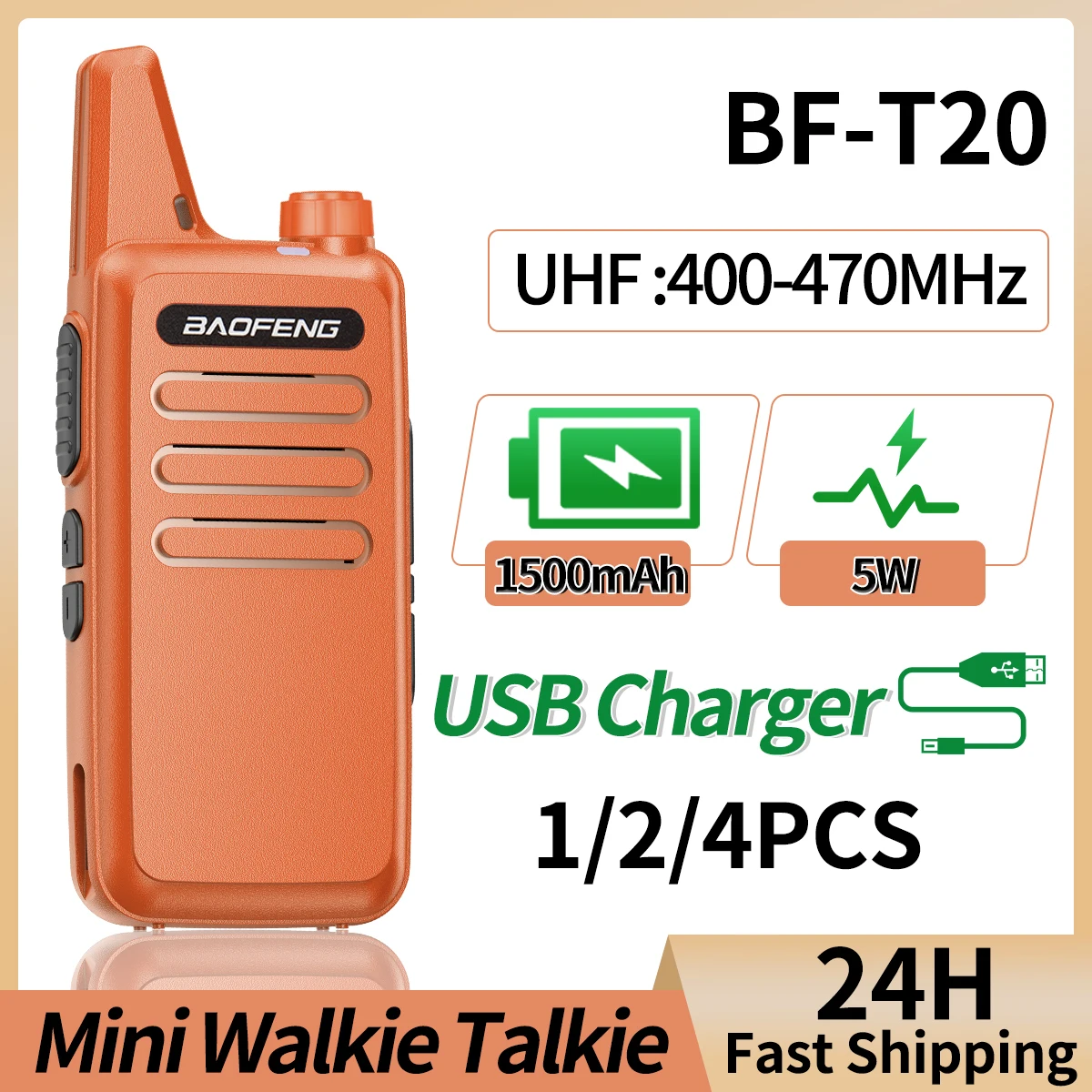 Baofeng BF-T20 미니 워키토키 UHF 햄 라디오, 휴대용 USB 충전, 양방향 라디오, BF-888S 사냥용, 400-470MHz, 1 개, 2 개, 4 개