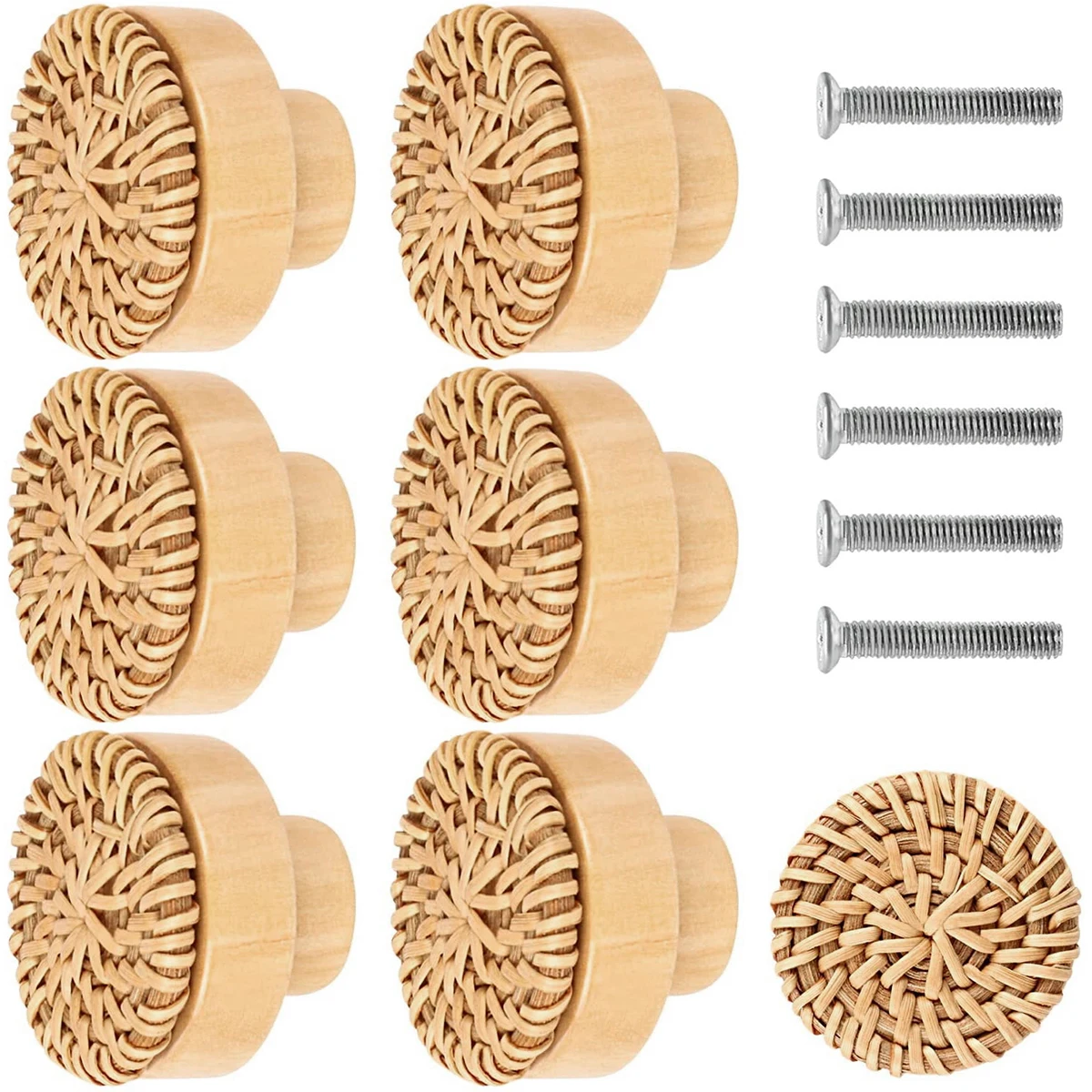 6/12PCS Rattan Wooden Drawer Knobs Boho Rattan Dresser Knobs Round Handmade Cabinets Dresser Handles Cupboard Wardrobe Door Pull