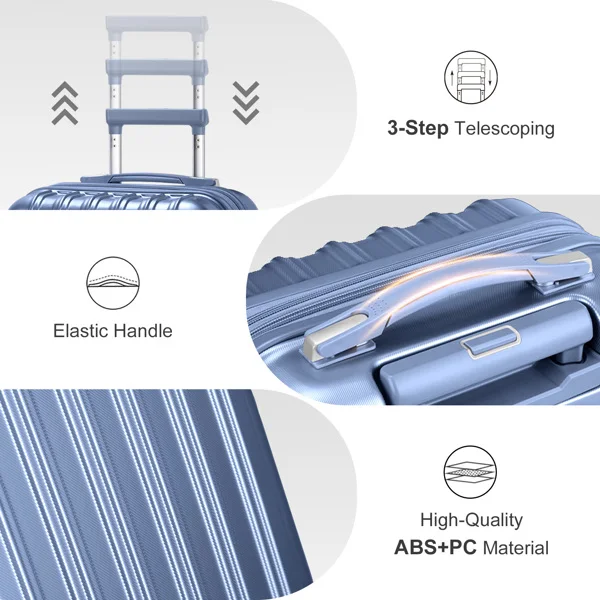  竖纹款两件套20寸可拓展带14寸手提箱 ABS&PC拉杆箱 14in 20in 静音轮 内铁外铝拉杆 时尚色系 灰蓝色（斜纹）-23
