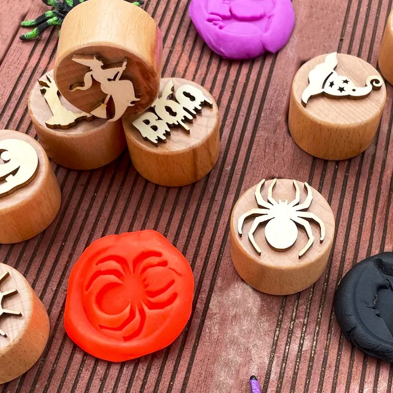 Wooden DIY Stamp Toy For Children Halloween Chirstmas Clay Stamps Handmade Toys Kids Art Painting Tool 6pcs