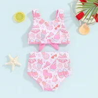 1-4years Toddler Girls Two Piece Swimsuits Sleeveless Cartoon Floral Print Bikini Set Kids Girls Summer Bathing Suits 3