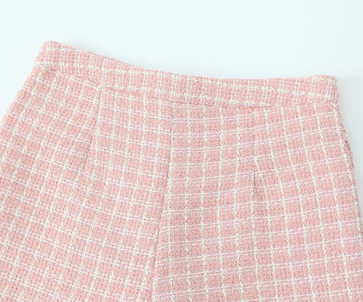 2 pieces 1 Set French Style Retro Pink Plaid Woven Tweed Blazer + High Waist Mini Shorts Pants Suits