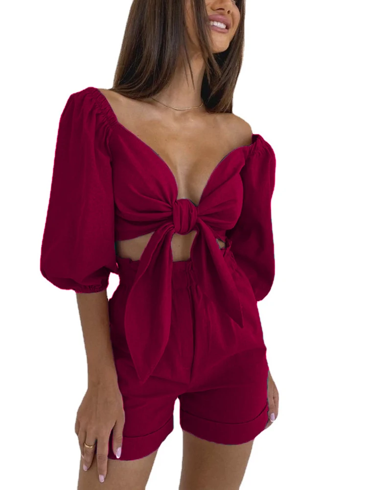 2022 Sweet Ladies Beach Suit Off-shoulder Shoulder Chest Bow Top Lantern Sleeve Solid Color Casual Outfit
