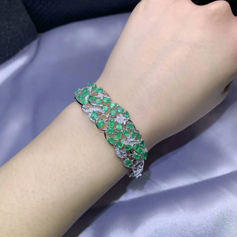 

MeiBaPJ Luxurious Real Natural Emerald Gemstone Bracelet 925 Sterling Silver Green Stone Bangle for Women Fine Wedding Jewelry