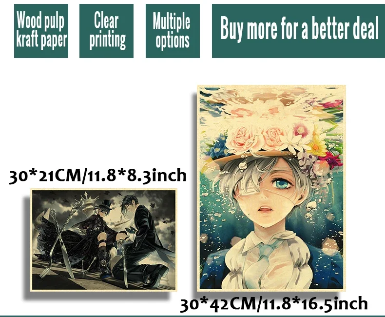Description Picture 3 of itemClassic Anime Kuroshitsuji Poster Crime Film Kraft Paper Posters Vintage Room Bar Cinema Decor Aesthetic Art Wall Painting