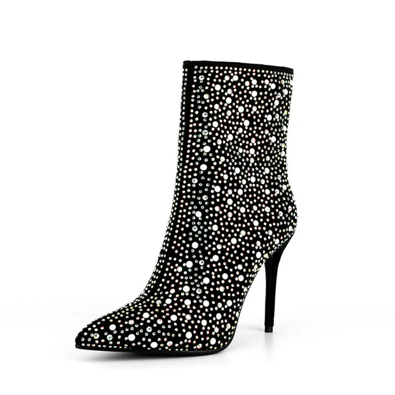 

Women's New Water Diamond Women's Ankle Boots Pointed Thin High Heels Fashion Short Boots Side Zipper Night Club Party Boots