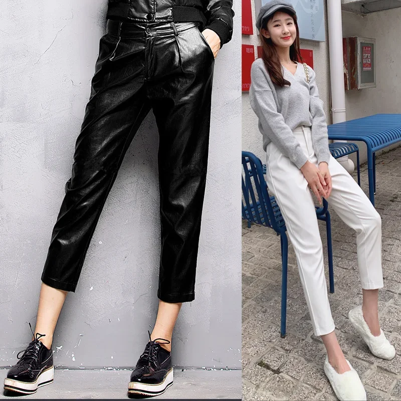 

PU Leather Pants Women's Outer Wear Loose 2022 New Skinny Cropped Small High Waist Harem Pants Slim Cropped Autumn and Winter