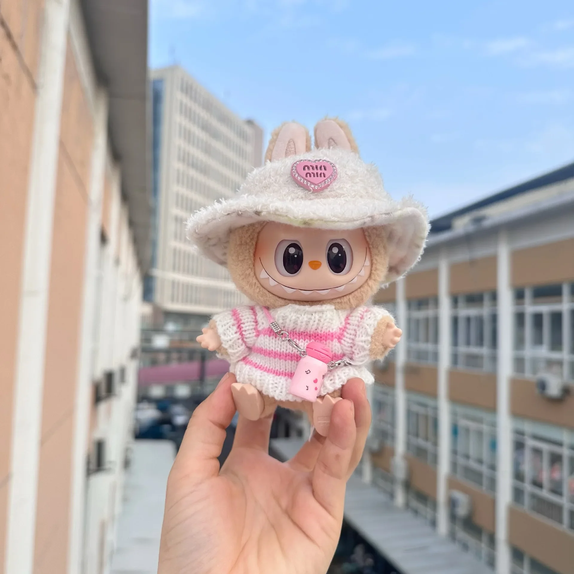 Mini Doll'S Clothes Outfit Accessories For Korea Labubu V1 V2 Idol sitting party pink and white striped sweater cup Clothing 4