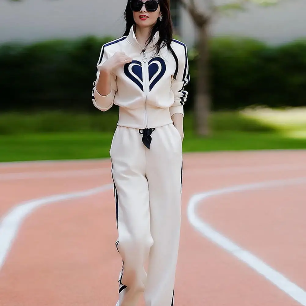 

Women Casual Sports Suit Stand Collar Zippered Sweater Coat Wide Leg Pants Two Piece Set Tracksuit conjuntos de pantalones