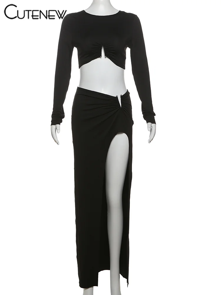 Fashion Matching 2 Piece Women High Street O-neck Full Sleeve Shirring Tees+Split Long Skirts Female Popular Club Sets
