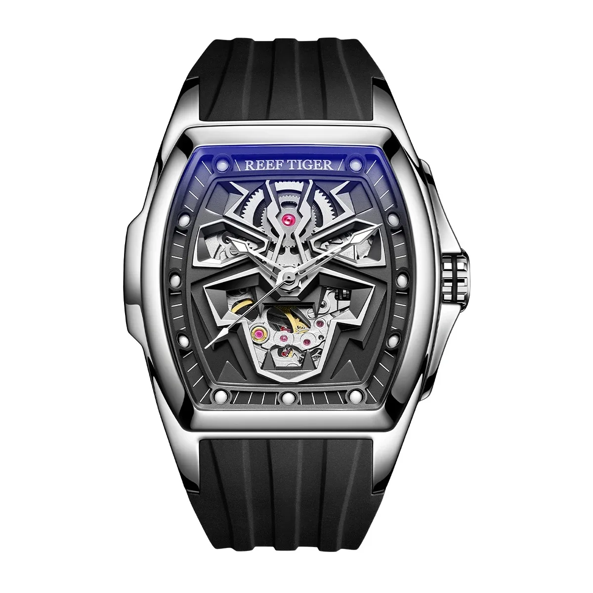 

Reef Tiger Men Automatic Watch 42.3mm Luxury Mechanical Wristwatch 50M Waterproof Tonneau Case Lminous Skeleton Rubber Strap