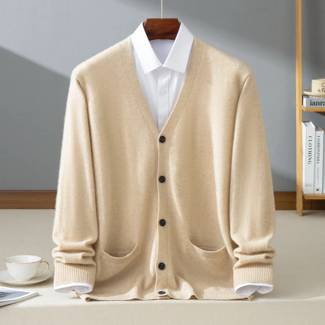 Cardigan pour homme en cachemire 100% de haute qualité, tricoté à 12 aiguilles, pull de luxe, col en V, pull ample, veste à simple boutonnage 1