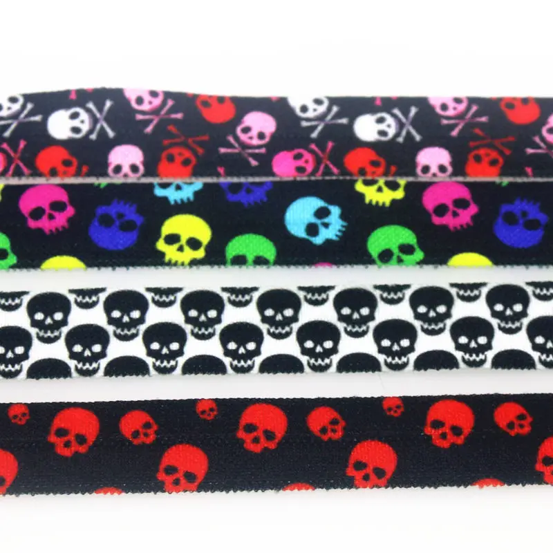 DHK 5/8'' 5yards Skull Printed Fold Elastic FOE Stretch Ribbon Hairbow Accessories Craft DIY Sewing E