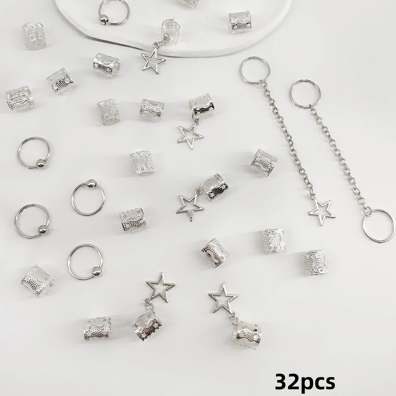 Star Dreadlock Hair Braid Cuffs & Decorations Set - 32-Piece Hair Jewelry Accessories