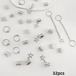 Star Dreadlock Hair Braid Cuffs & Decorations Set - 32 - Piece Hair Jewelry Accessories (Silver)