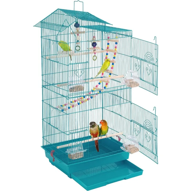 

39'' H Metal Roof Top Bird Cage Medium Small Parrot Cage w/Toys & Swing & Ladder for Canary Budgie Cockatiel Conure Parakeet