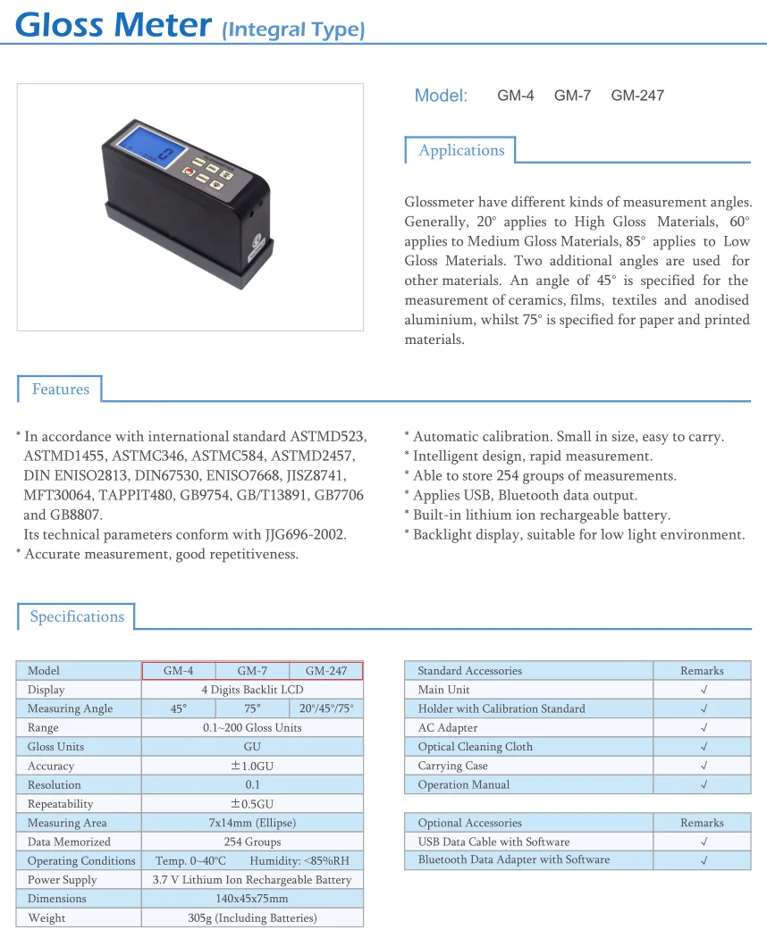 GM-247/GM-7/GM-4 Digital Glossmeter 20/45/75 degree Gloss Meter Integral Type
