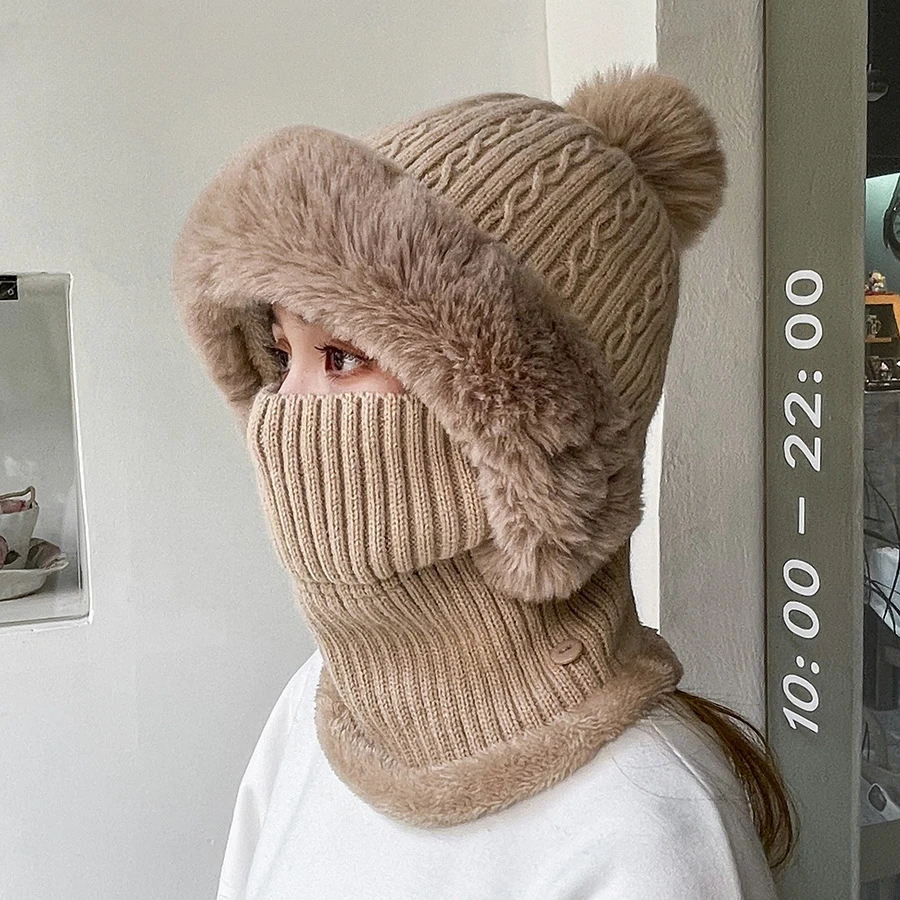 

Winter Men Women Thick Beanie Hat Knitted Hat Winter Cap Beanie Female Wool Neck Scarf Cap Balaclava Mask Bonnet Hats Set