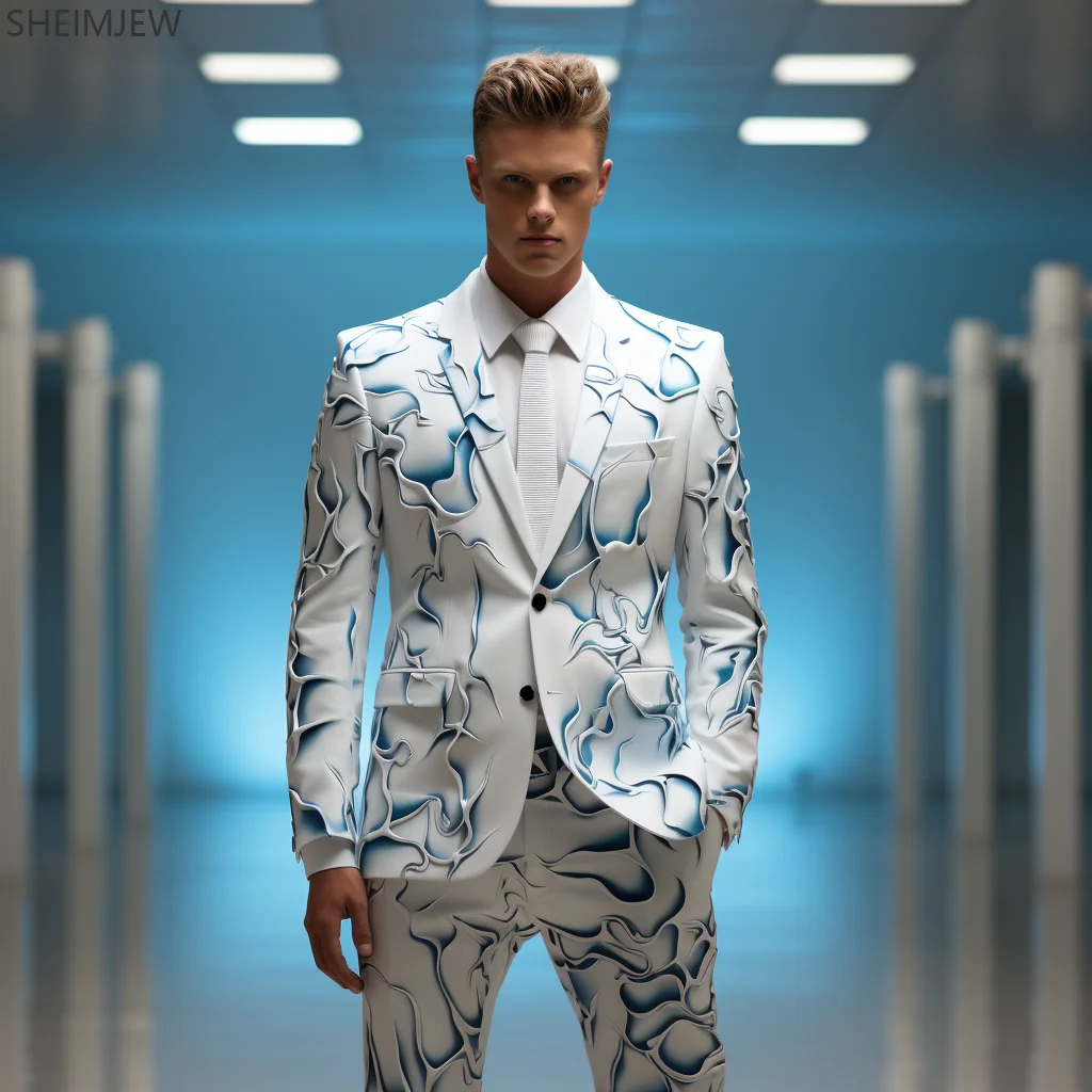 Creative Irregular Printing Men Suit Business Casual Double Button Jacket & Pants Holiday Party Cool Suits Host Emcee Dress New