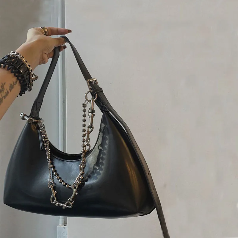 

PU Leather Women Hobos Underarm Bag Retro Solid Color Ladies Tote Purse Handbags Fashion Female Cool Girls Chain Shoulder Bags