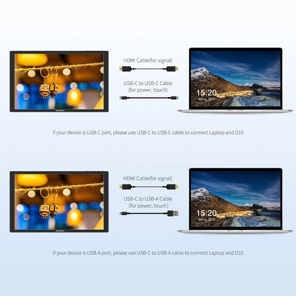 FEELWORLD D10 10.1인치 350cd 휴대용 외장 모니터 터치 FHD1920x1200 USB-C HDMI 호환