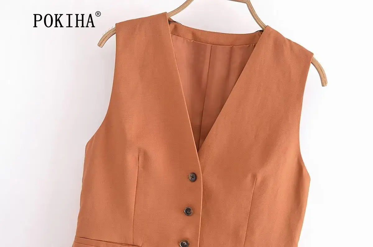 Pokiha Fashion Women Vintage Linen Front Buttons Cropped Waistcoat And Elegant Mid Waisted Midi Dress Female Chic Two_voghion.com